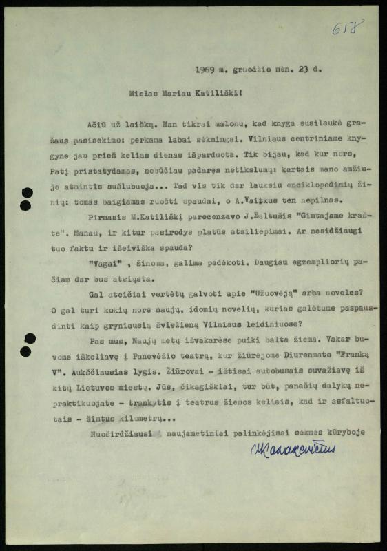 Žurnalisto Vytauto Kazakevičiaus ir rašytojų Mariaus Katiliškio, Zinaidos Nagytės-Katiliškienės korespondencija. 1966–1984 m.