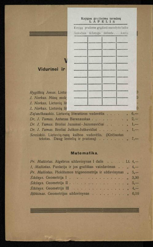 Lotynų kalbos chrestomatija: vidurinėms mokykloms vadovėlis (3-sios ir 4-sios klasės kursas) / K. Kliuksinas. – [Kaunas]: Koper. s-ga „Spaudos fondas“, 1932. – 191 p.