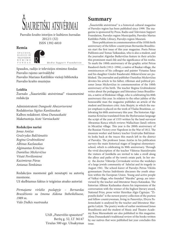 Šiaurietiški atsivėrimai : Pasvalio krašto istorijos ir kultūros žurnalas 2012, nr. 1 (32)