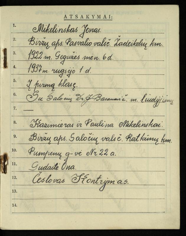 Pasvalio inž. P. Vileišio valstybinės gimnazijos I klasės mokinio Jono Mikelinsko dienynas. 1937–1938 m.