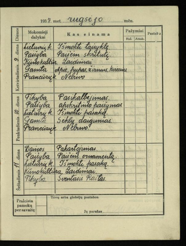 Pasvalio inž. P. Vileišio valstybinės gimnazijos I klasės mokinio Jono Mikelinsko dienynas. 1937–1938 m.