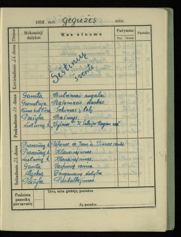 Pasvalio inž. P. Vileišio valstybinės gimnazijos I klasės mokinio Jono Mikelinsko dienynas. 1937–1938 m.