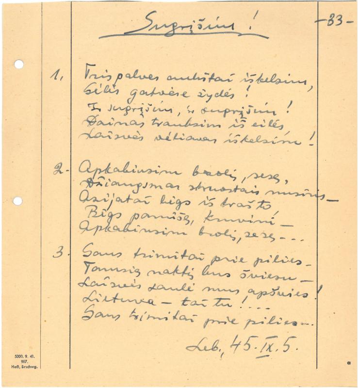 Rašytojo, savaitraščio „Tėviškės Žiburiai“ redaktoriaus Česlovo Senkevičiaus eilėraščiai. 1944–1946 m.