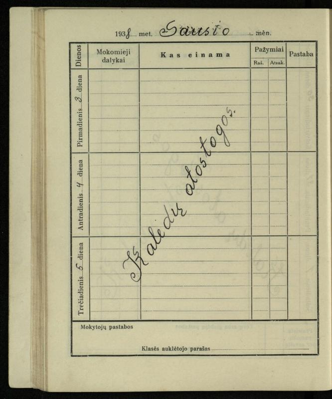 Pasvalio inž. P. Vileišio valstybinės gimnazijos I klasės mokinio Jono Mikelinsko dienynas. 1937–1938 m.