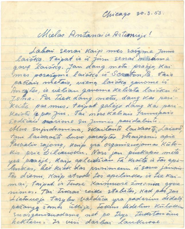 Kazio Balčiūno (slapyv. K. Chesek) laiškas  artimiesiems. 1953 m. kovo 30 d.