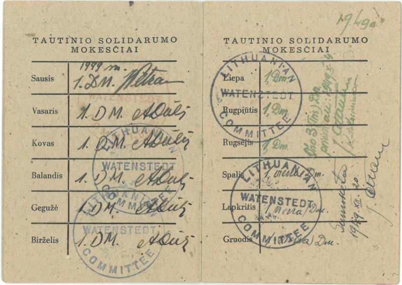Lietuvių tremtinių bendruomenės mokesčių knygelė, išduota Česlovui Senkevičiui. 1948–1950 m.