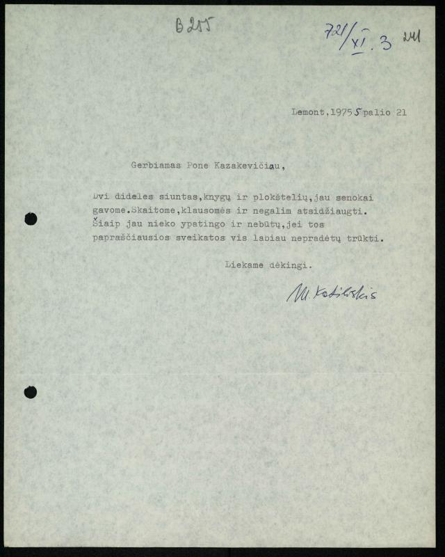 Žurnalisto Vytauto Kazakevičiaus ir rašytojų Mariaus Katiliškio, Zinaidos Nagytės-Katiliškienės korespondencija. 1966–1984 m.