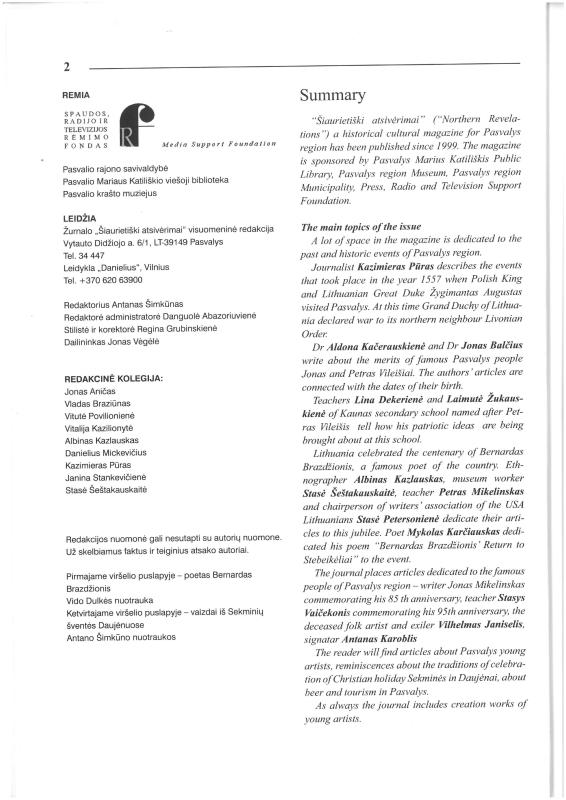 Šiaurietiški atsivėrimai : Pasvalio krašto istorijos ir kultūros žurnalas 2007, nr. 1 (22)