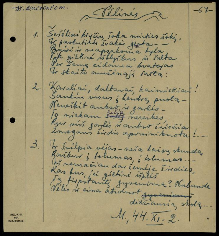 Rašytojo, savaitraščio „Tėviškės Žiburiai“ redaktoriaus Česlovo Senkevičiaus eilėraščiai. 1944–1946 m.