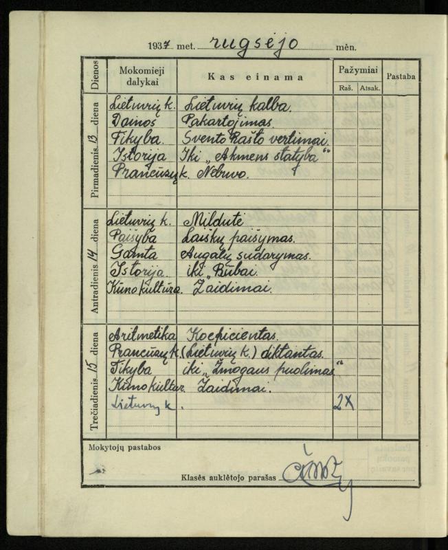 Pasvalio inž. P. Vileišio valstybinės gimnazijos I klasės mokinio Jono Mikelinsko dienynas. 1937–1938 m.