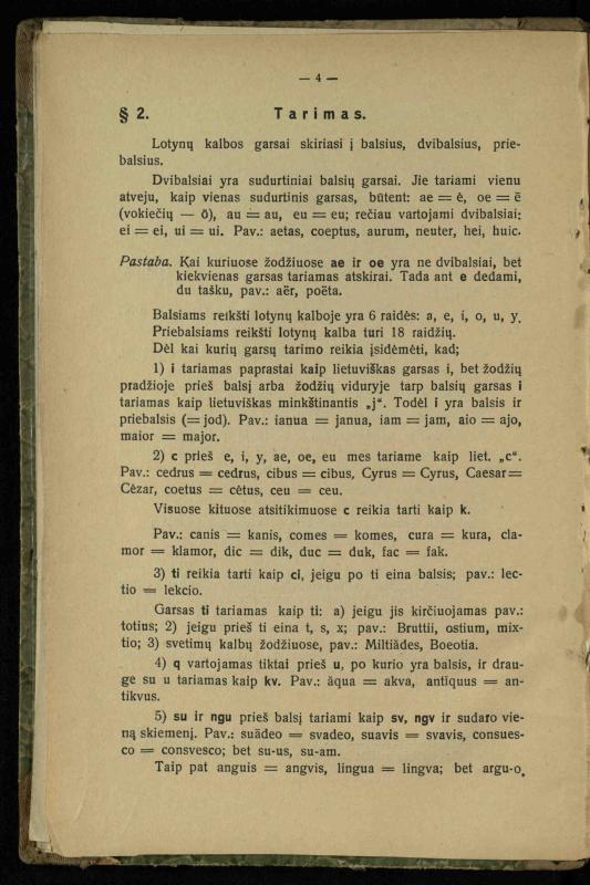 Lotynų kalbos etimologija ir pirmieji sintaksės dalykai: vidurinėms mokykloms vadovėlis (3-sios ir 4-sios kl. kursas) / K. Kliuksinas. – Kaunas: kooperacijos sąjungos „Spaudos fondo“ leidinys, 1932. – 131, [4] p.