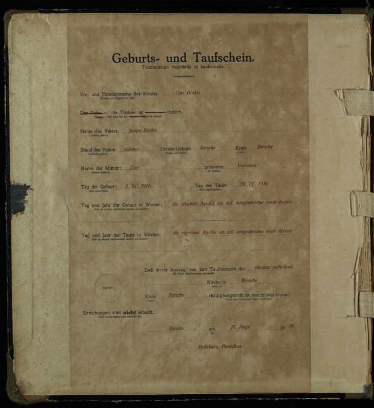 Pumpėnų Romos katalikų parapijos bažnyčios 1916–1921 metų krikšto metrikų knyga