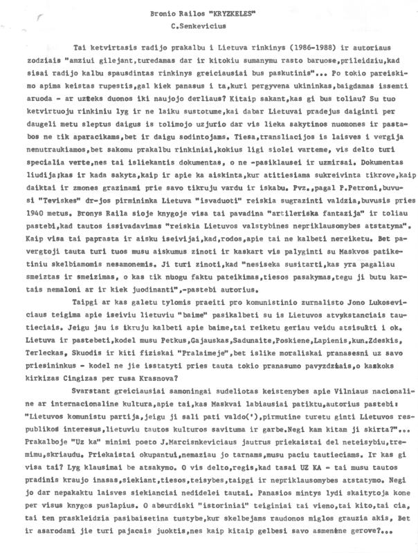 Rašytojo, savaitraščio „Tėviškės Žiburiai“ redaktoriaus Česlovo Senkevičiaus recenzija Broniaus Railos „Kryžkelės“