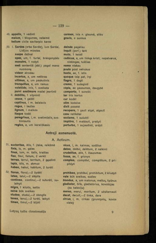 Lotynų kalbos chrestomatija: vidurinėms mokykloms vadovėlis (3-sios ir 4-sios klasės kursas) / K. Kliuksinas. – [Kaunas]: Koper. s-ga „Spaudos fondas“, 1932. – 191 p.