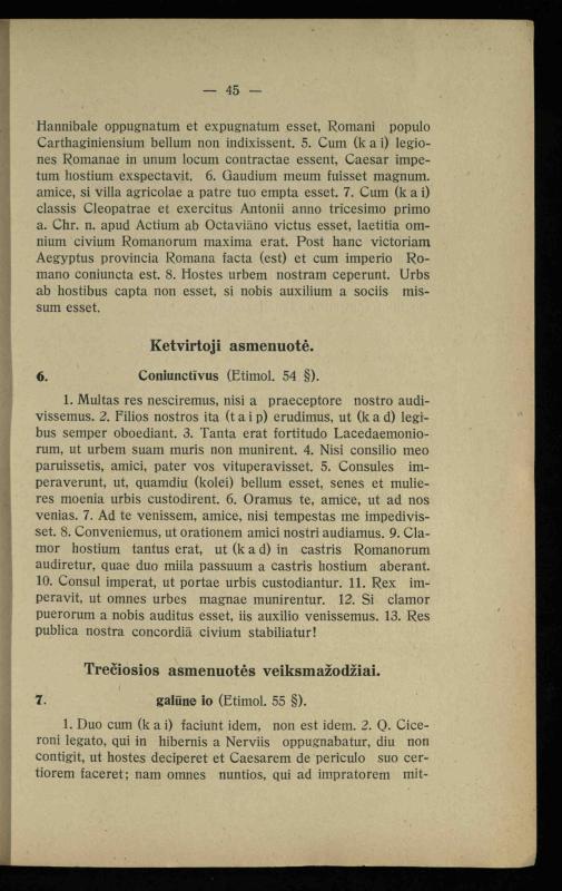 Lotynų kalbos chrestomatija: vidurinėms mokykloms vadovėlis (3-sios ir 4-sios klasės kursas) / K. Kliuksinas. – [Kaunas]: Koper. s-ga „Spaudos fondas“, 1932. – 191 p.