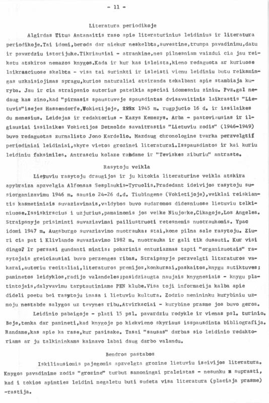Rašytojo, savaitraščio „Tėviškės Žiburiai“ redaktoriaus Česlovo Senkevičiaus recenzija „Nudžiūvusios šakos žiedai. Susipažinus su leidiniu „Lietuvių egzodo literatūra 1945–1990“