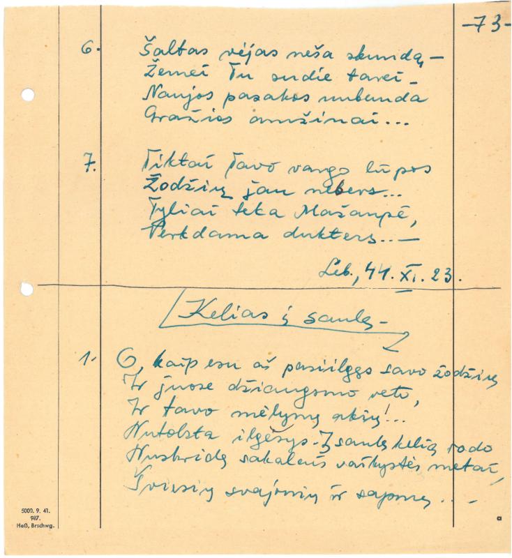 Rašytojo, savaitraščio „Tėviškės Žiburiai“ redaktoriaus Česlovo Senkevičiaus eilėraščiai. 1944–1946 m.
