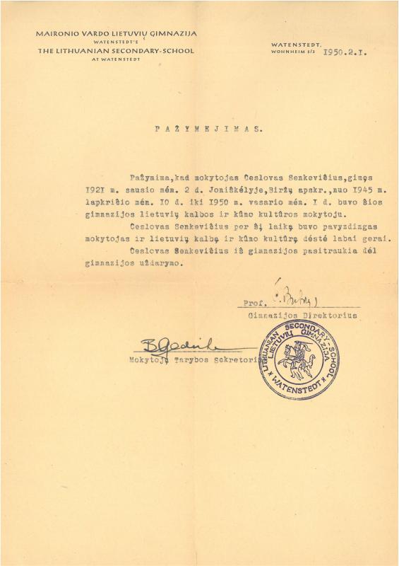 Maironio vardo lietuvių gimnazijos Watenstedtʼe liudijimas, išduotas Česlovui Senkevičiui. 1950 m. vasario 1 d.