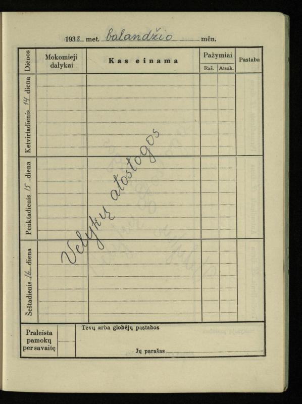 Pasvalio inž. P. Vileišio valstybinės gimnazijos I klasės mokinio Jono Mikelinsko dienynas. 1937–1938 m.