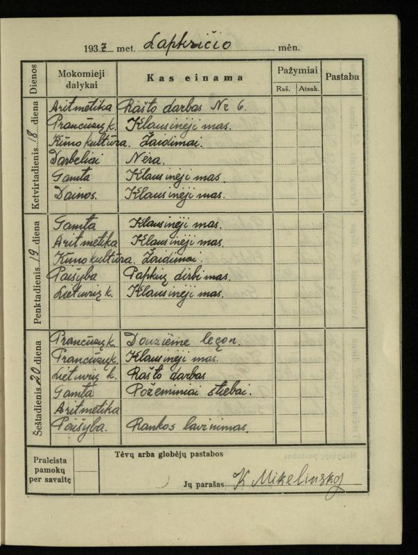 Pasvalio inž. P. Vileišio valstybinės gimnazijos I klasės mokinio Jono Mikelinsko dienynas. 1937–1938 m.