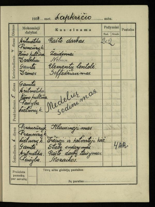 Pasvalio inž. P. Vileišio valstybinės gimnazijos I klasės mokinio Jono Mikelinsko dienynas. 1937–1938 m.