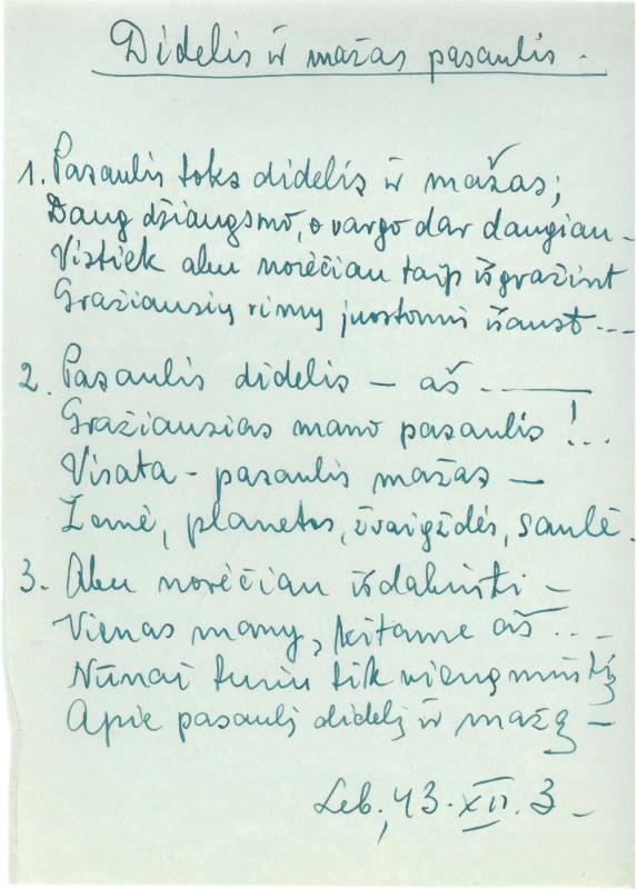 Rašytojo, savaitraščio „Tėviškės Žiburiai“ redaktoriaus Česlovo Senkevičiaus pavieniai eilėraščiai. 1943–1949 m.
