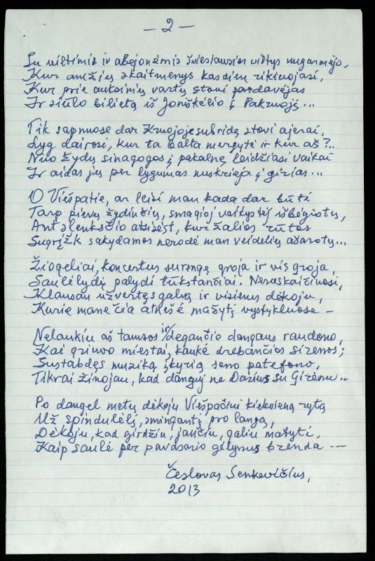 Rašytojo, savaitraščio „Tėviškės Žiburiai“ redaktoriaus Česlovo Senkevičiaus eilėraštis „Elegijos“. 2013 m.