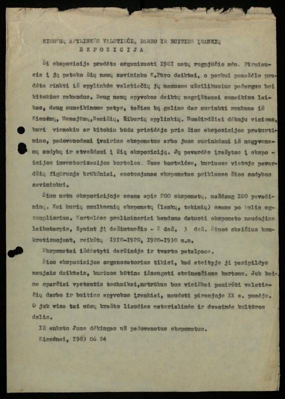 Žurnalisto, literato, vertėjo Kazimiero Pūro sudarytas „Kiemėnų apylinkės valstiečių darbo ir buities įrankių ekspozicijos inventorizacijos sąrašas“