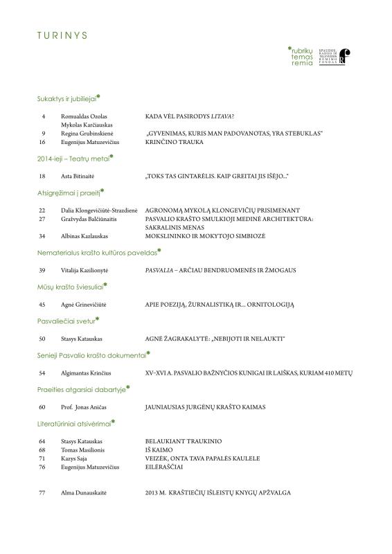 Šiaurietiški atsivėrimai : Pasvalio krašto istorijos ir kultūros žurnalas 2014, nr. 1 (36)
