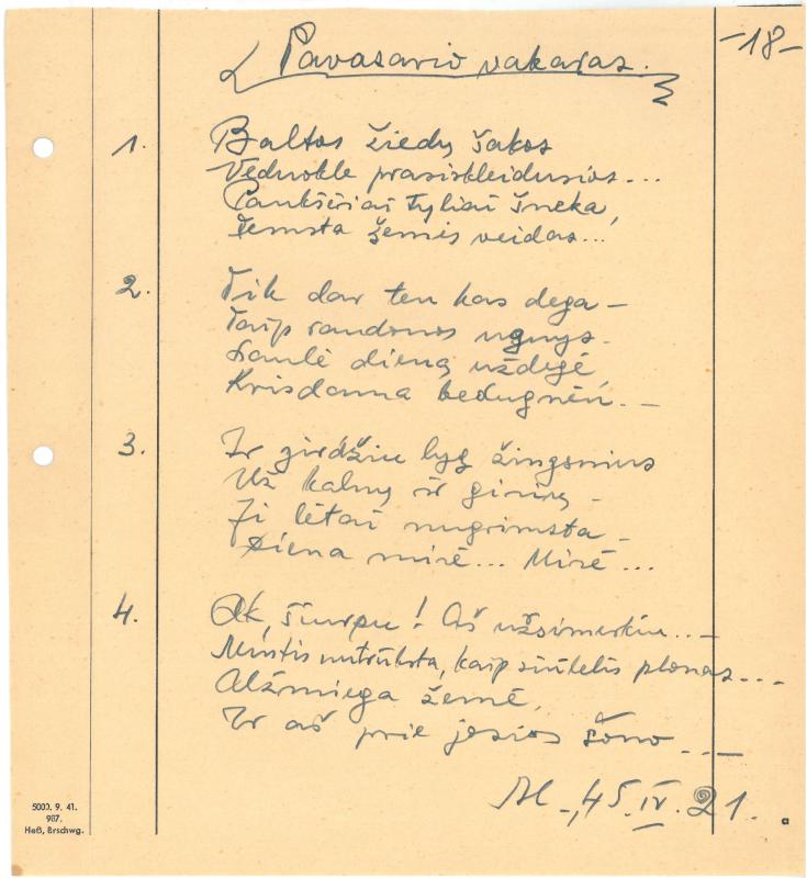 Rašytojo, savaitraščio „Tėviškės Žiburiai“ redaktoriaus Česlovo Senkevičiaus eilėraščiai. 1944–1946 m.