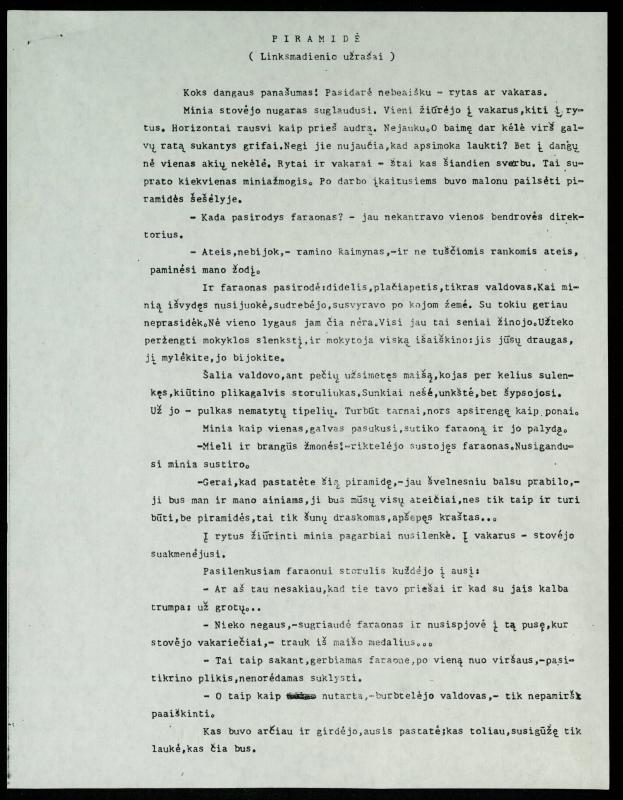 Rašytojo, savaitraščio „Tėviškės Žiburiai“ redaktoriaus Česlovo Senkevičiaus novelė „Piramidė (Linksmadienio užrašai)“