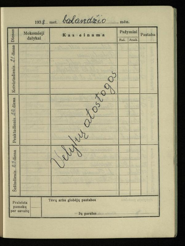 Pasvalio inž. P. Vileišio valstybinės gimnazijos I klasės mokinio Jono Mikelinsko dienynas. 1937–1938 m.