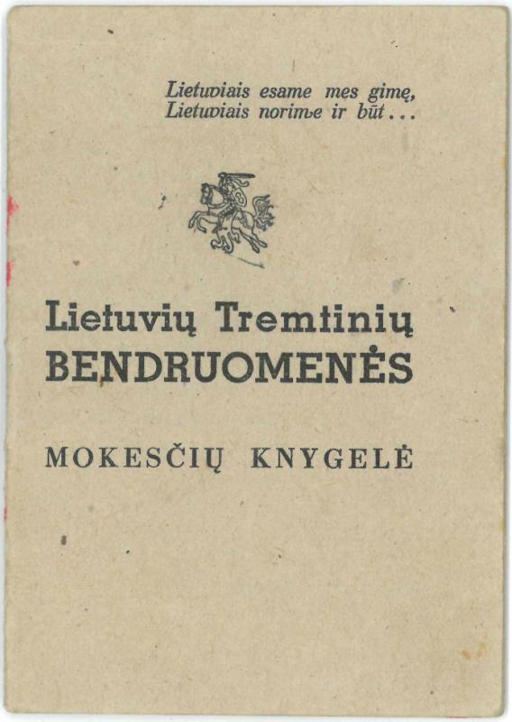 Lietuvių tremtinių bendruomenės mokesčių knygelė, išduota Česlovui Senkevičiui. 1948–1950 m.