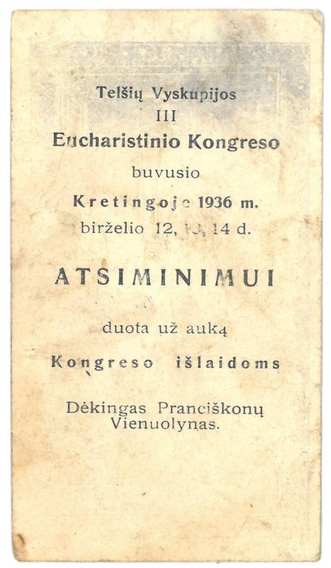Religinis paveikslėlis. Telšių vyskupijos III eucharistinio kongreso atsiminimui. Priekinėje pusėje išspausdintas Kretingos Šv. Antano altoriaus paveikslo fotografinis vaizdas, o kitoje pusėje – padėkos tekstas