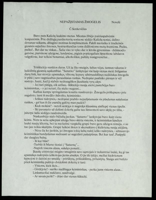 Rašytojo, savaitraščio „Tėviškės Žiburiai“ redaktoriaus Česlovo Senkevičiaus novelė „Nepažįstamas žmogelis“