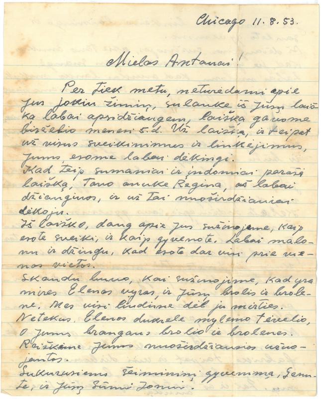 Kazio Balčiūno (slapyv. K. Chesek) laiškas  artimiesiems. 1953 m. rugpjūčio 11 d.