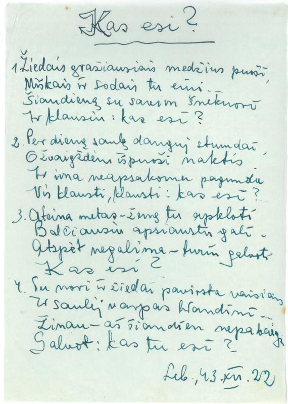 Rašytojo, savaitraščio „Tėviškės Žiburiai“ redaktoriaus Česlovo Senkevičiaus pavieniai eilėraščiai. 1943–1949 m.