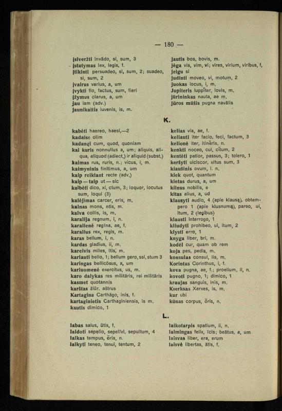 Lotynų kalbos chrestomatija: vidurinėms mokykloms vadovėlis (3-sios ir 4-sios klasės kursas) / K. Kliuksinas. – [Kaunas]: Koper. s-ga „Spaudos fondas“, 1932. – 191 p.