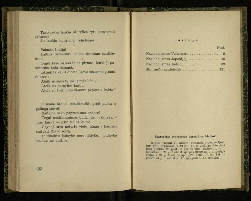 Nacionalizmas: nacionalizmas Vakaruose; Nacionalizmas Japonijoj; Nacionalizmas Indijoj / Rabindranath Tagore. – Kaunas: [s.n.], 1937. – 122, [2] p.
