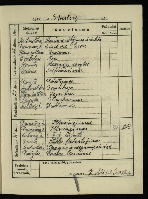 Pasvalio inž. P. Vileišio valstybinės gimnazijos I klasės mokinio Jono Mikelinsko dienynas. 1937–1938 m.