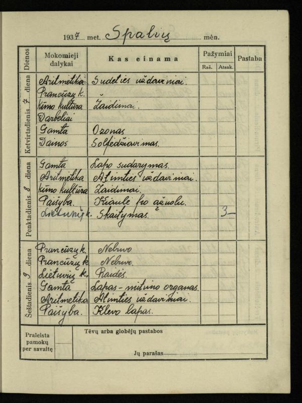 Pasvalio inž. P. Vileišio valstybinės gimnazijos I klasės mokinio Jono Mikelinsko dienynas. 1937–1938 m.