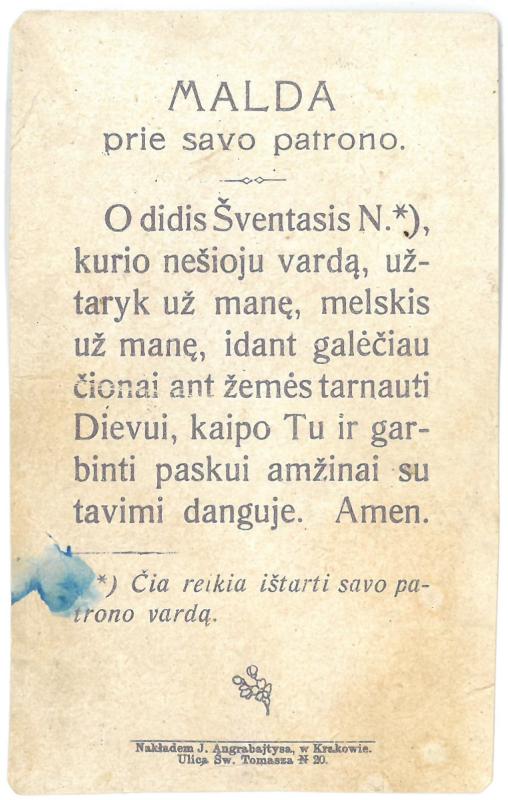 Religinis paveikslėlis. „Šv. Jonas Apaštalas“. Kitoje paveikslėlio pusėje: malda prie savo patrono. „O didis Šventasis N.*)...“
