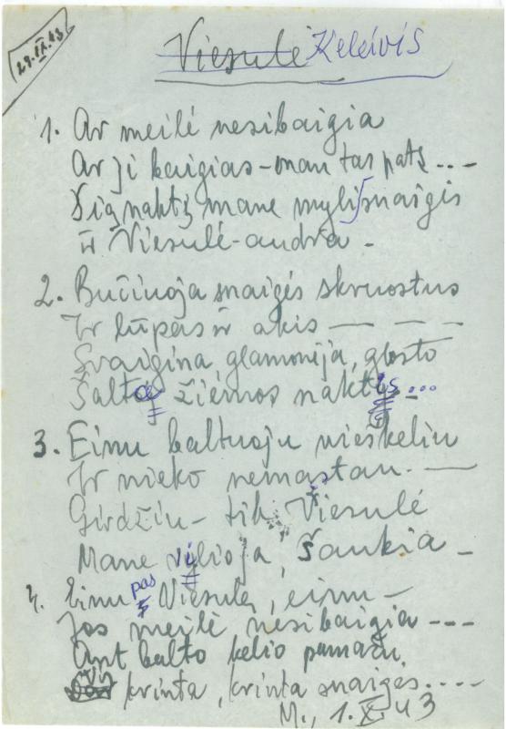 Rašytojo, savaitraščio „Tėviškės Žiburiai“ redaktoriaus Česlovo Senkevičiaus pavieniai eilėraščiai. 1943–1949 m.