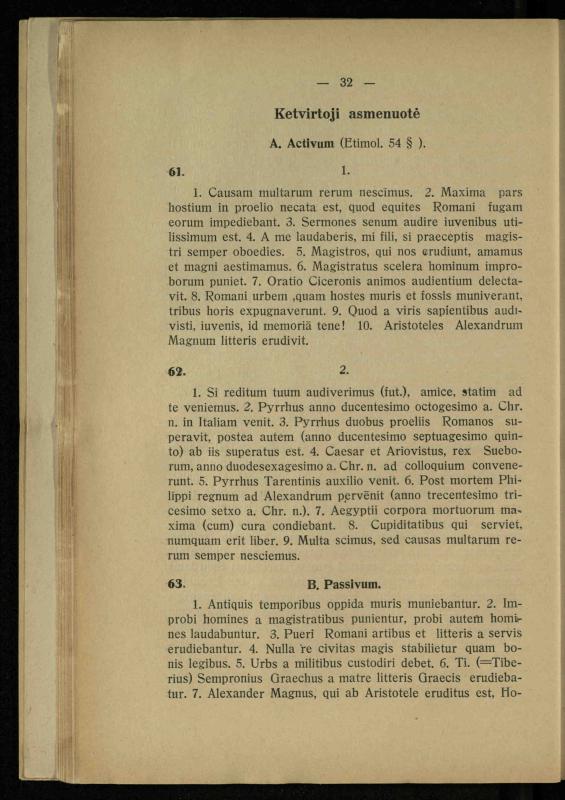 Lotynų kalbos chrestomatija: vidurinėms mokykloms vadovėlis (3-sios ir 4-sios klasės kursas) / K. Kliuksinas. – [Kaunas]: Koper. s-ga „Spaudos fondas“, 1932. – 191 p.