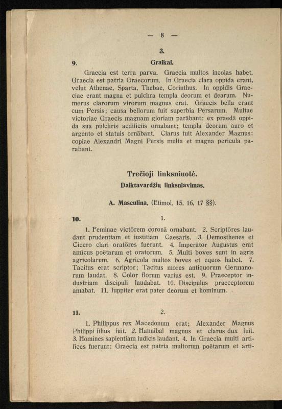 Lotynų kalbos chrestomatija: vidurinėms mokykloms vadovėlis (3-sios ir 4-sios klasės kursas) / K. Kliuksinas. – [Kaunas]: Koper. s-ga „Spaudos fondas“, 1932. – 191 p.