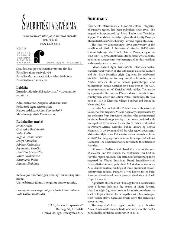 Šiaurietiški atsivėrimai : Pasvalio krašto istorijos ir kultūros žurnalas 2013, nr. 1 (34)