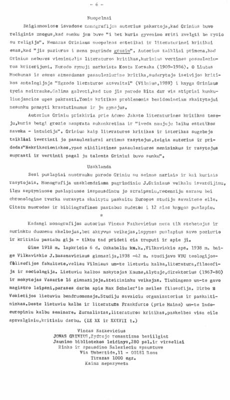 Rašytojo, savaitraščio „Tėviškės Žiburiai“ redaktoriaus Česlovo Senkevičiaus recenzija „Pasaulėžiūros ir estetikos sandūros. Monografija apie dr. Joną Grinių“