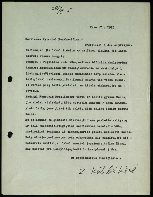 Žurnalisto Vytauto Kazakevičiaus ir rašytojų Mariaus Katiliškio, Zinaidos Nagytės-Katiliškienės korespondencija. 1966–1984 m.