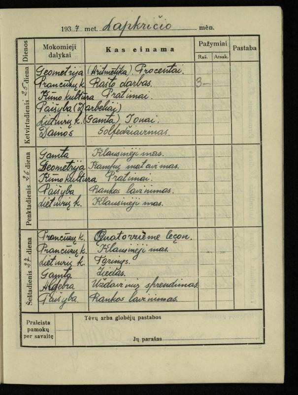 Pasvalio inž. P. Vileišio valstybinės gimnazijos I klasės mokinio Jono Mikelinsko dienynas. 1937–1938 m.