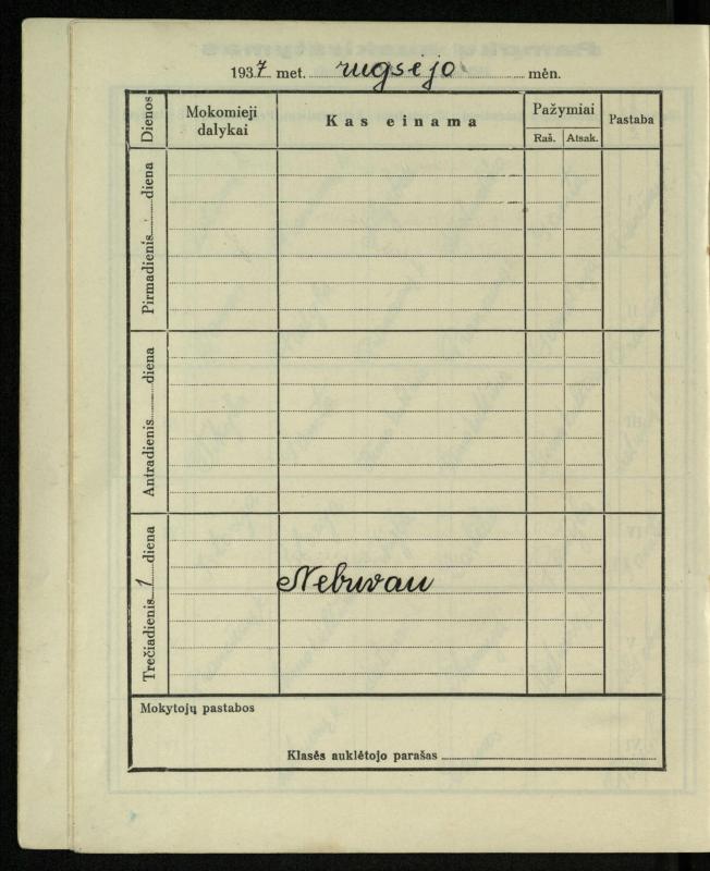 Pasvalio inž. P. Vileišio valstybinės gimnazijos I klasės mokinio Jono Mikelinsko dienynas. 1937–1938 m.